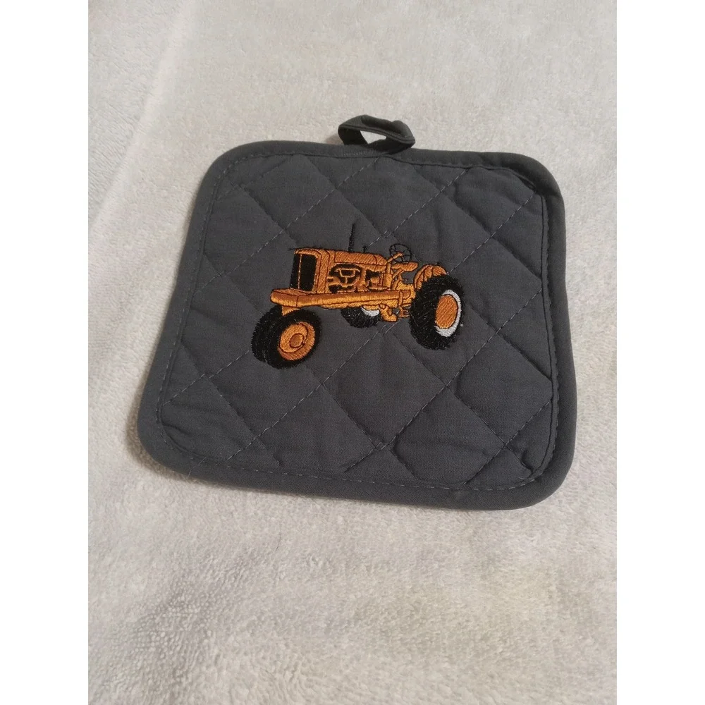 Gray Quilted‎ Potholder with Embroidered Tractor Farmhouse Kitchen Decor